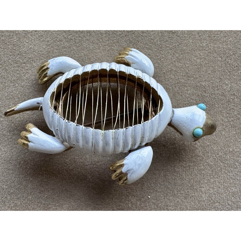 Vintage White Enamel Turtle Brooch Whimsical Pin Gold Tone Turquoise Eyes